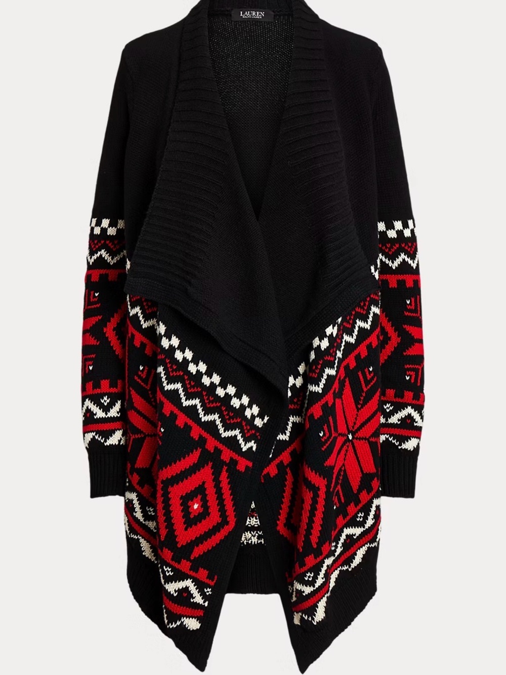 Ralph Lauren Black, Red & White Fair Isle Draped Cardigan